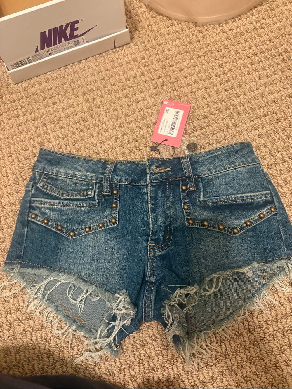 Edikted Distressed Studded Denim Shorts - Blue